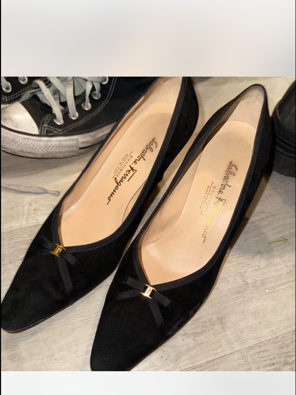 Salvatore Ferragamo Black Suede Mid Heel Pump with Bow